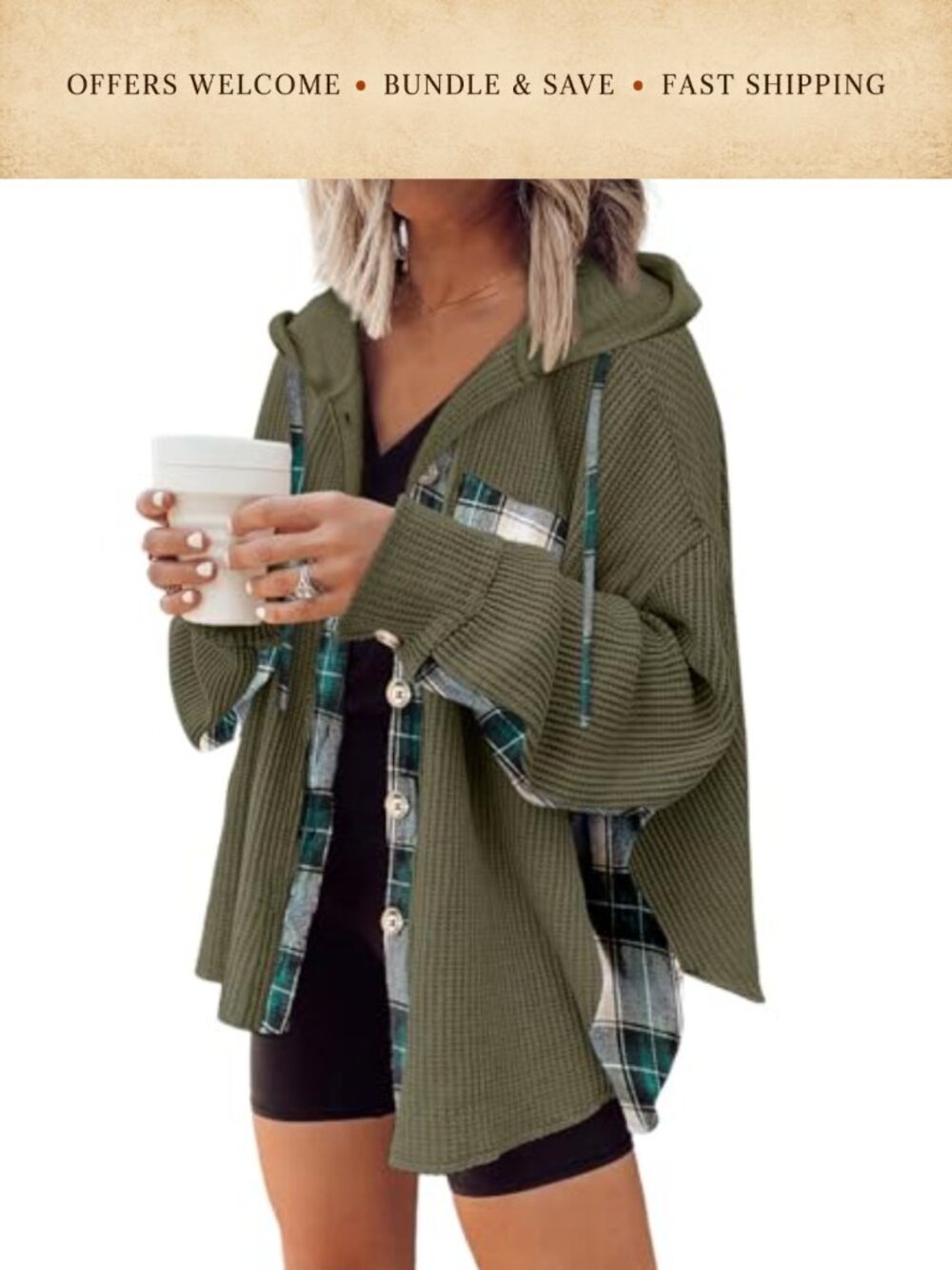 Waffle Knit Plaid Shacket Hooded Button Down Loose Fit Casual